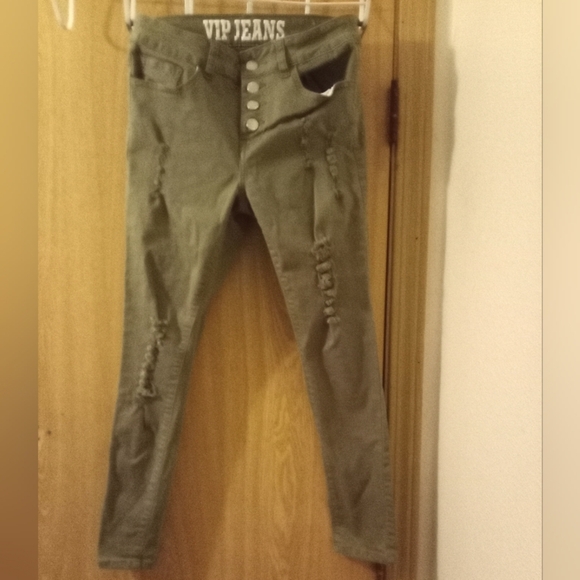 VIP Girl’s Jeans Size 7/8 Reg Army Olive Green Distressed Straight Leg School - Picture 5 of 5